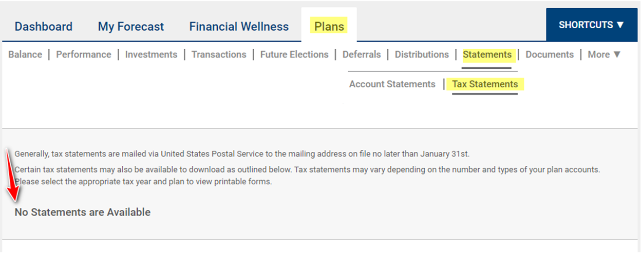 Screenshot of no tax statements available.