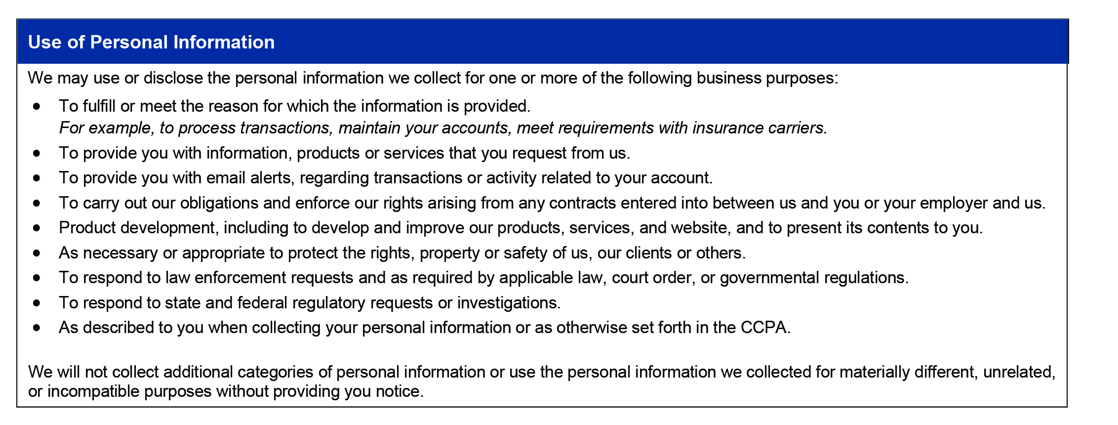 Newport California Consumer Privacy Act image four: Use of Personal Information